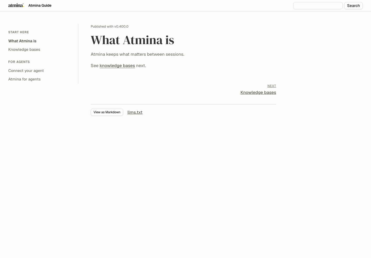 Example Guide page showing its release label above the title, section navigation on the left, and Markdown access below the article.