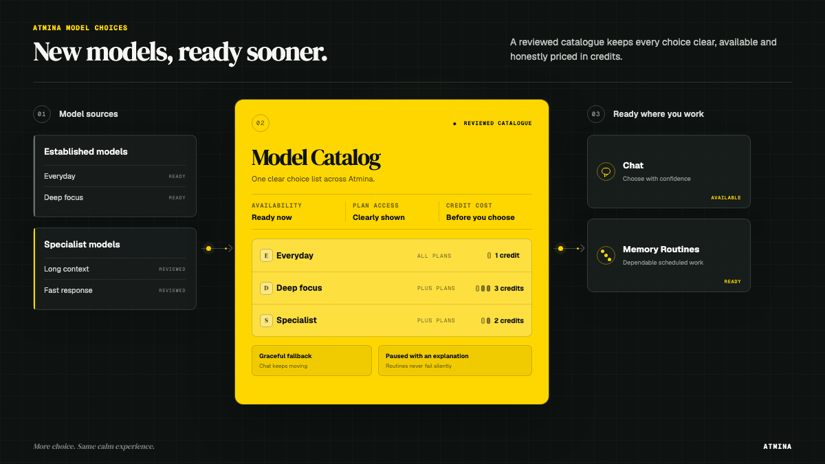 Established and specialist models flow into a reviewed Model Catalog showing availability, plan access and credit costs, then out to Chat and Memory Routines