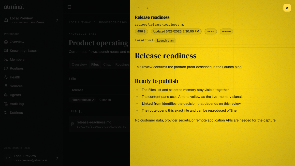 Atmina Files workbench filtered to a fictional release review with the selected file open in a yellow preview pane