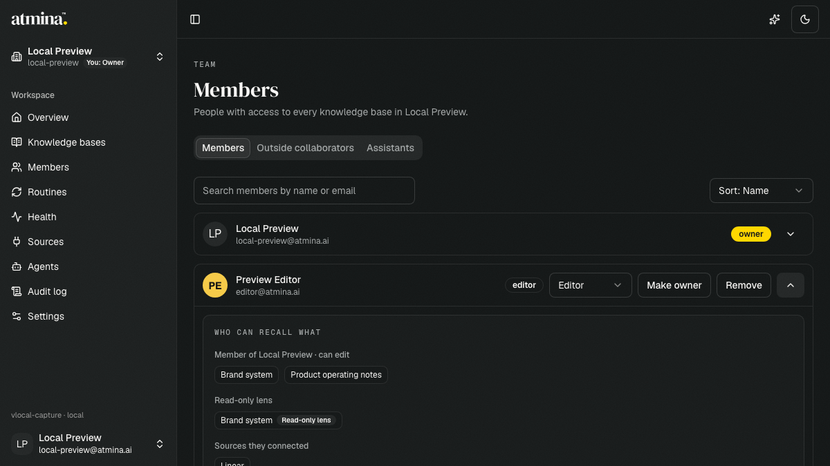 Dark Atmina Members page with Preview Editor expanded to show team knowledge bases, a read-only lens, and connected sources