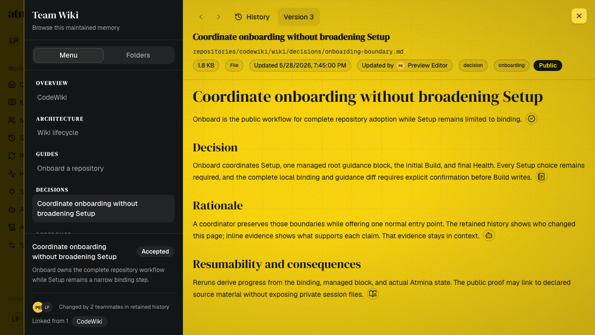 Atmina Team Wiki showing a structured page menu, a selected decision document and inline evidence markers on the yellow reading surface
